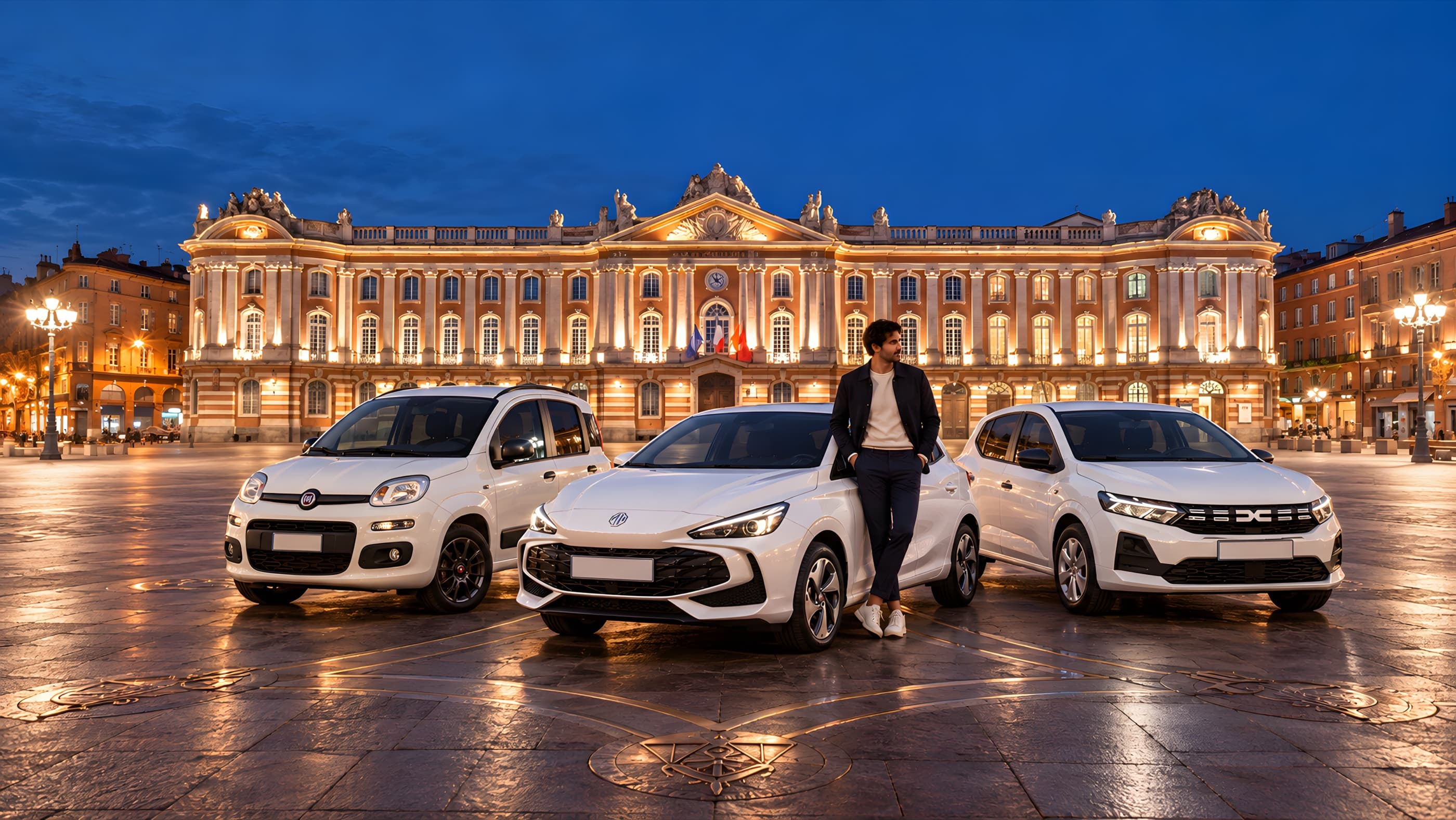 La Fiat Panda, la MG3 et la Dacia Sandero de Rental RK garées place du Capitole, à Toulouse, à la tombée de la nuit